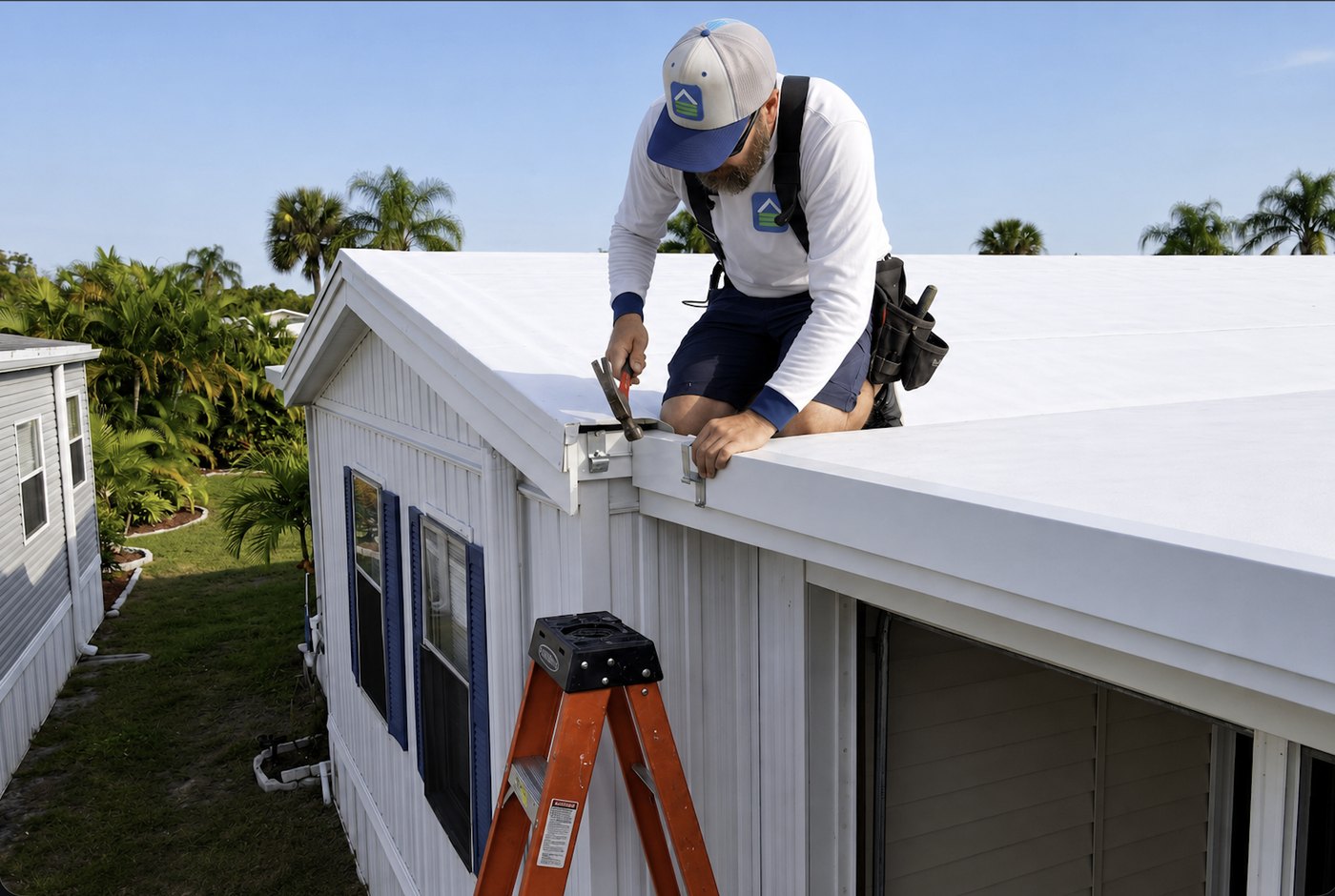 An installer fitting the white termination bar along the finished edge of a new white TPO roof.