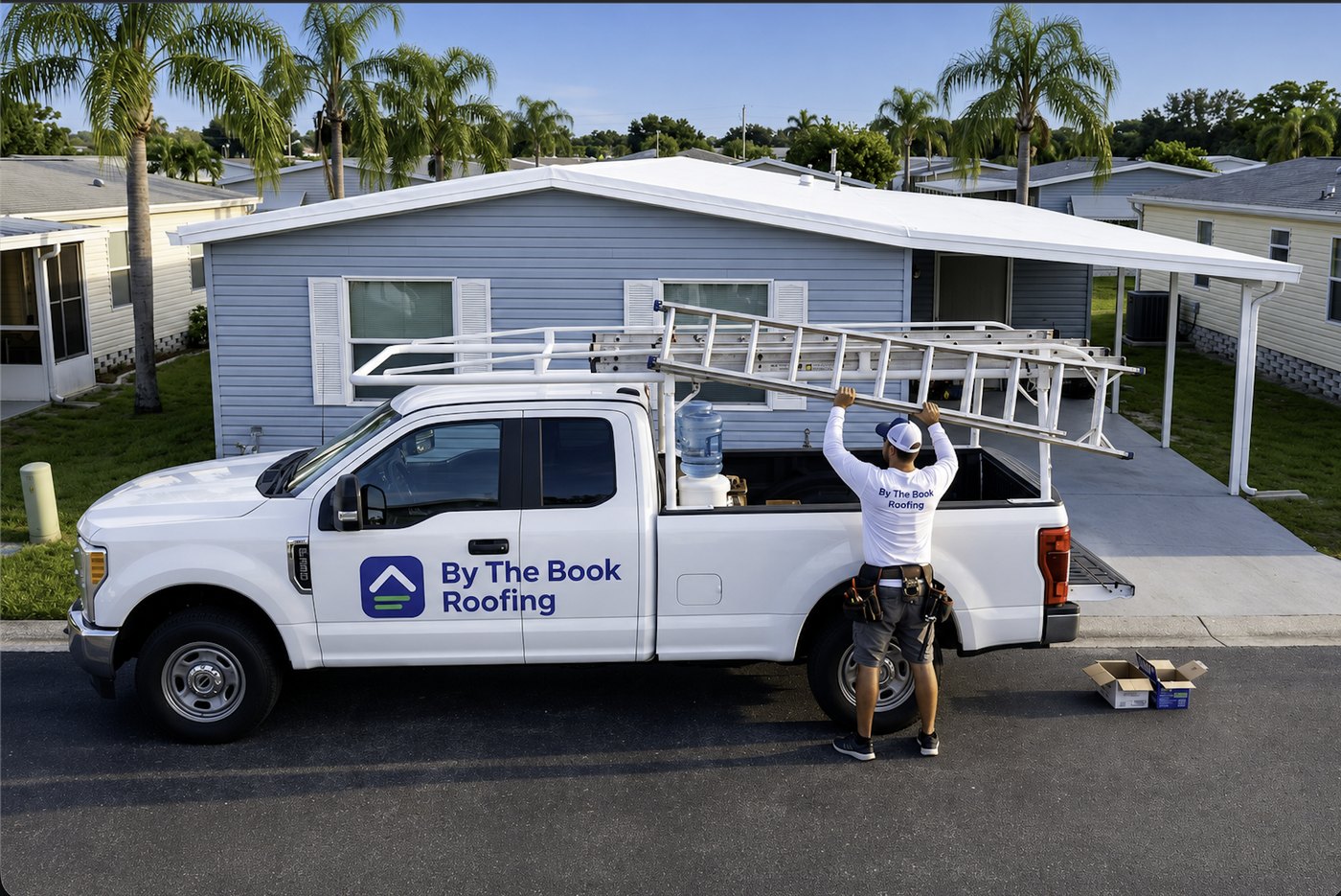A By The Book Roofing truck parked outside a Florida manufactured home, an installer lifting a ladder off the roof rack.
